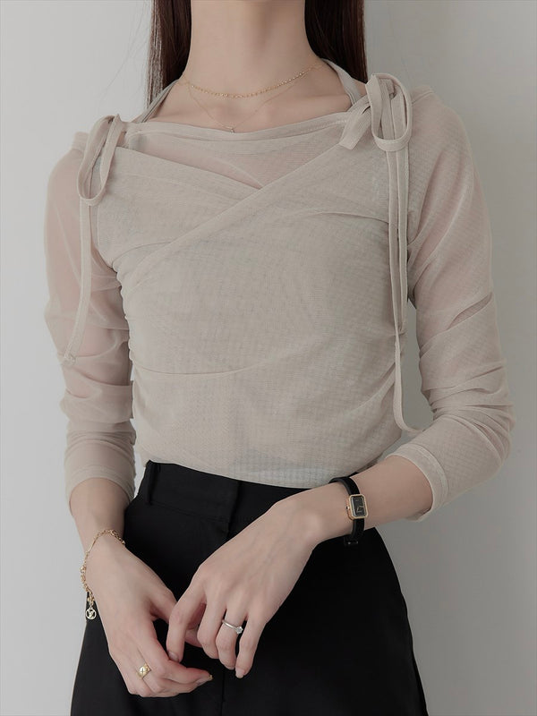 tulle layered ribbon tops / pink beige
