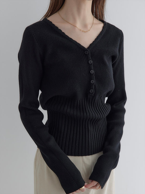 scallop v neck design knit / black