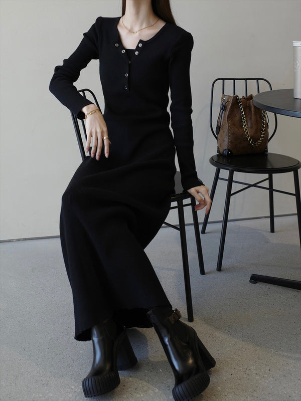 button layered design knit onepiece / black