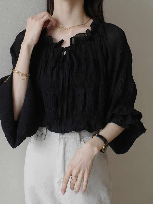 ribbon tie shirring blouse / black