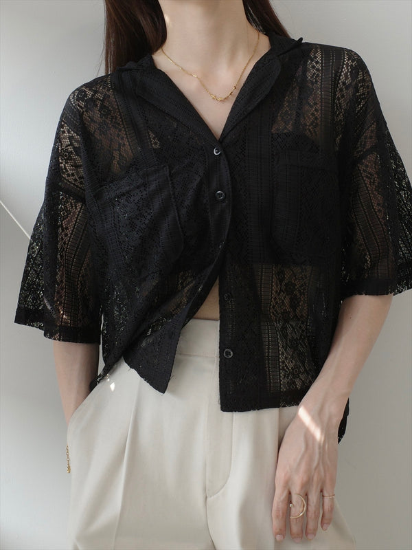 flower lace sheer shirt /black