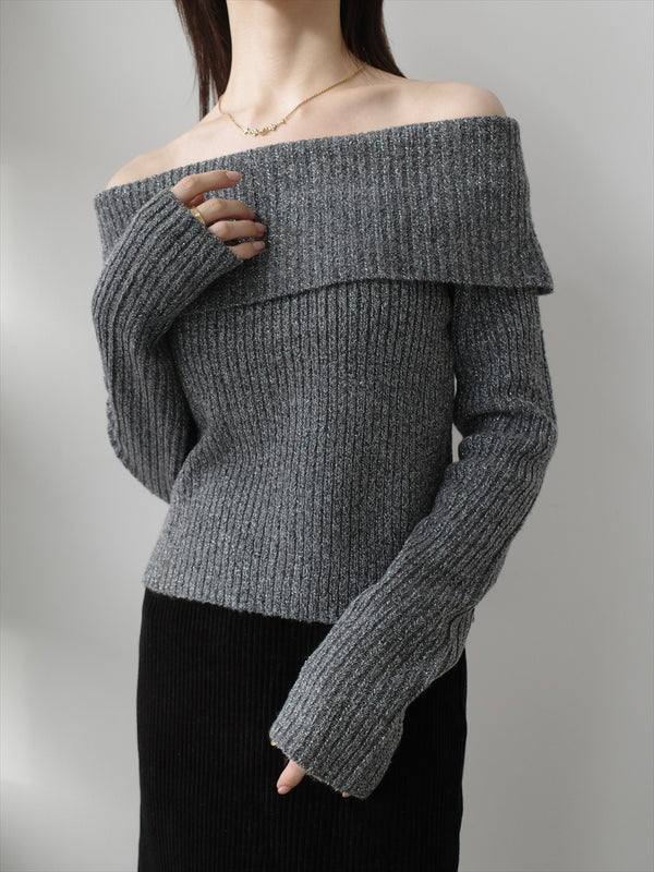 glitter off shoulder rib knit / grey
