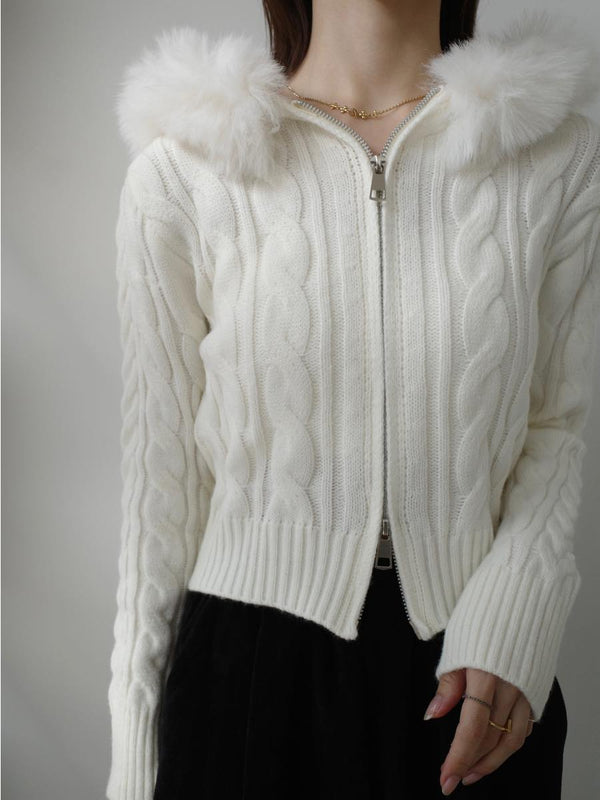 cable knit fur hoodie / ivory