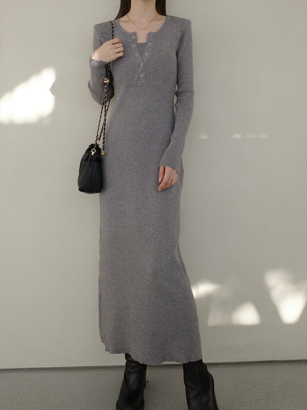 button layered design knit onepiece / grey