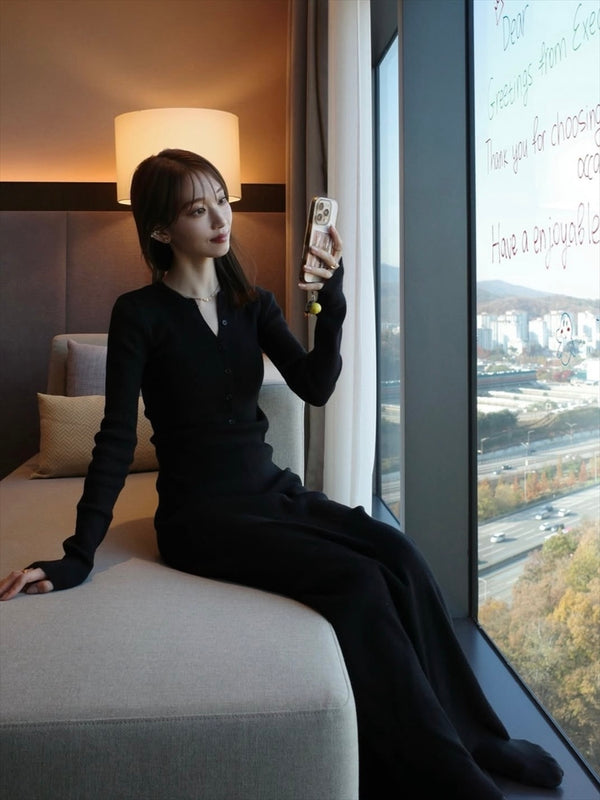 henry neck rib knit long dress / black