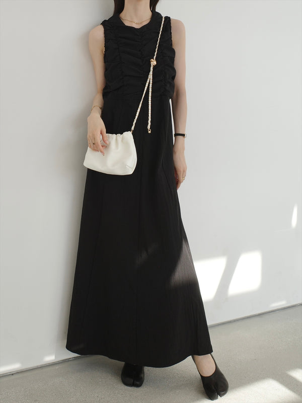 shirring design flare dress / black