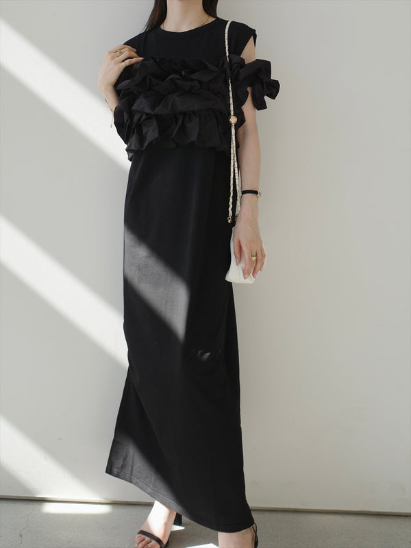 2way frill bustier layered dress / black