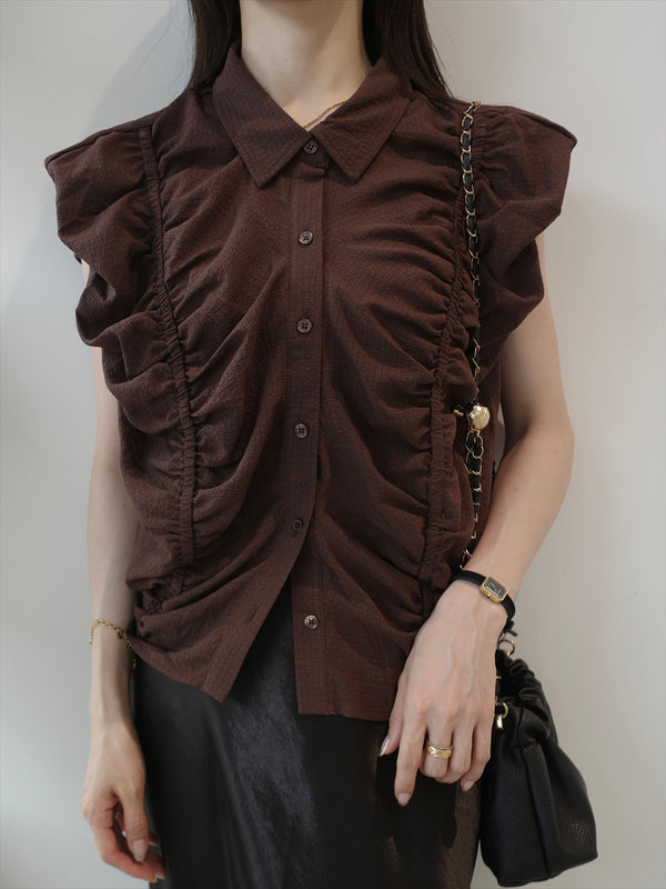 gather line puff shoulder blouse / brown
