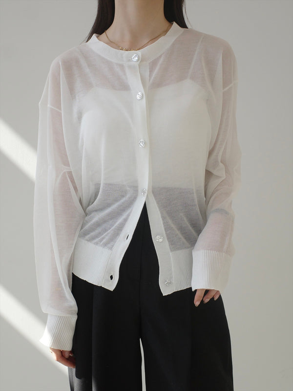 silver button sheer cardigan / white