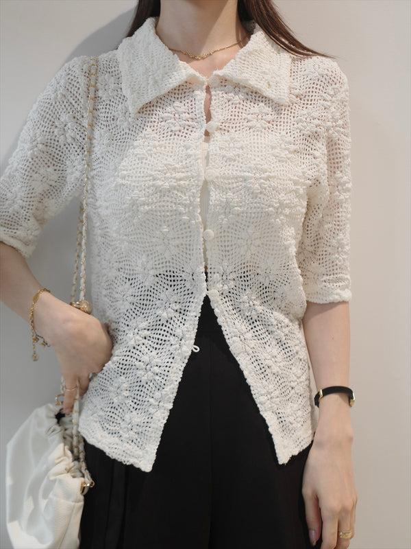 flower lace polo top / ivory
