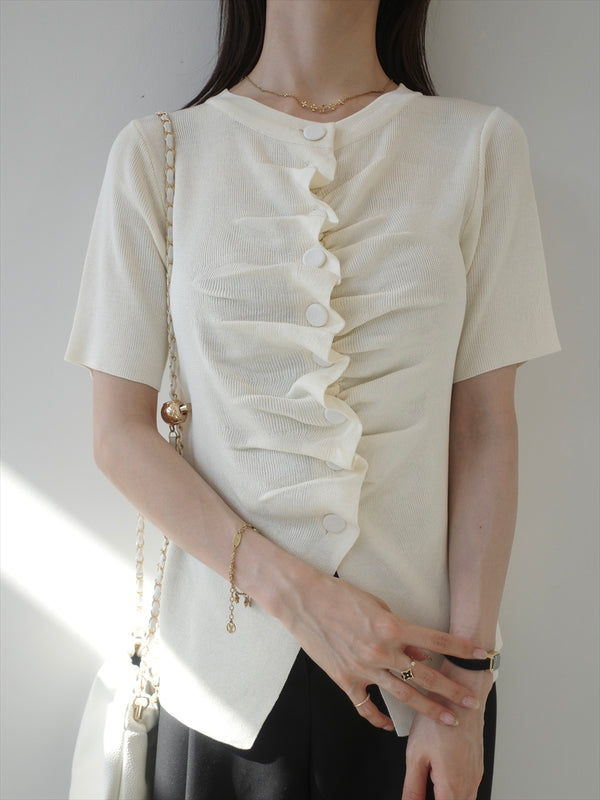 button gather half sleeve top / ivory