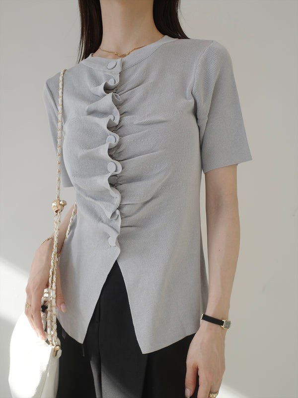 button gather half sleeve top / grey