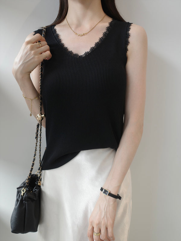 lace v neck rib top / black