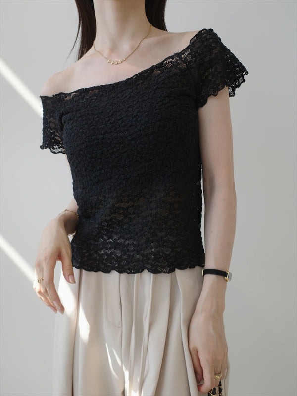flower lace 2way shoulder top / black