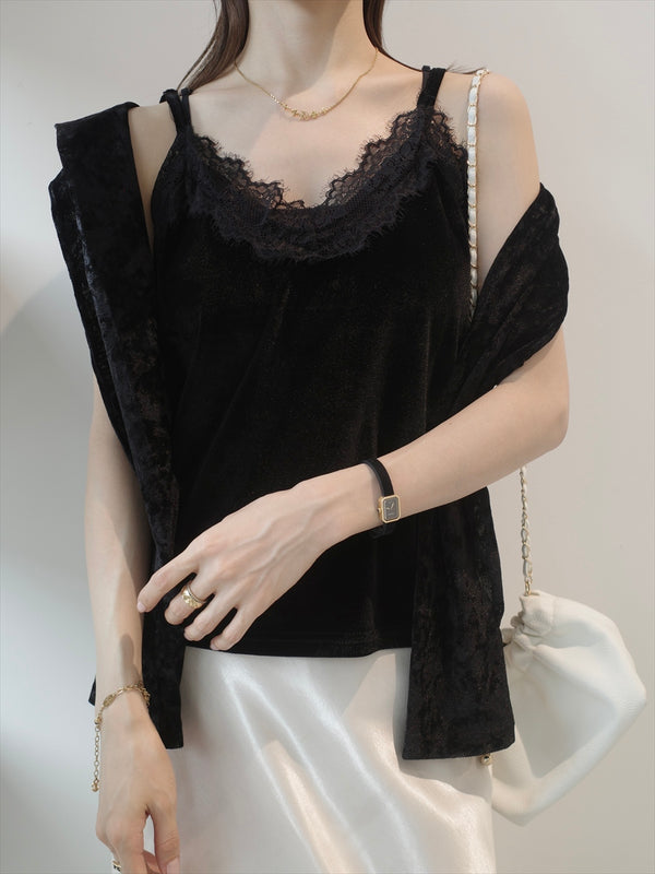 velour lace cami set / black