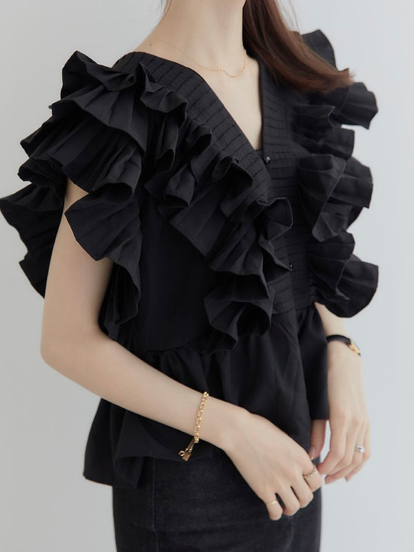 ruffle frill blouse / black
