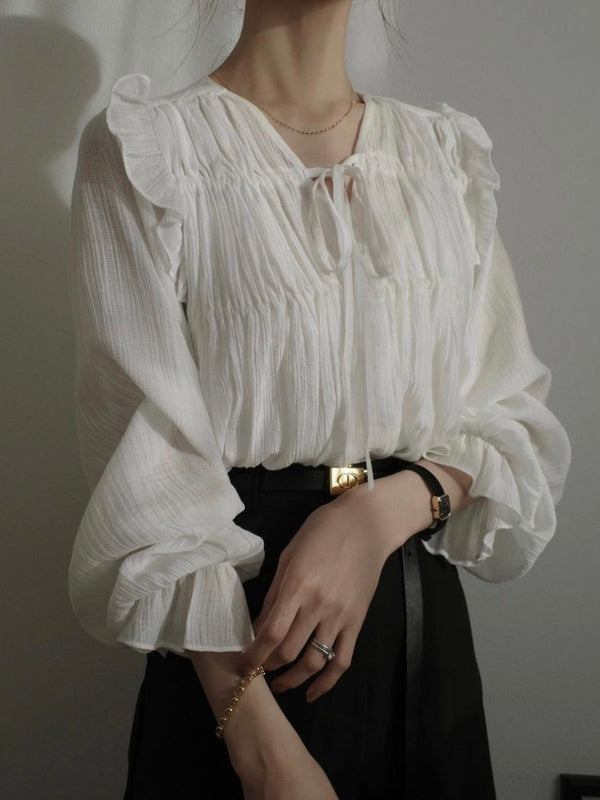 ribbon gather blouse / white