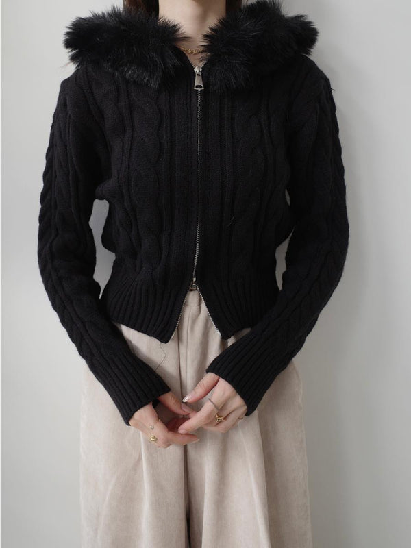 cable knit fur hoodie / black