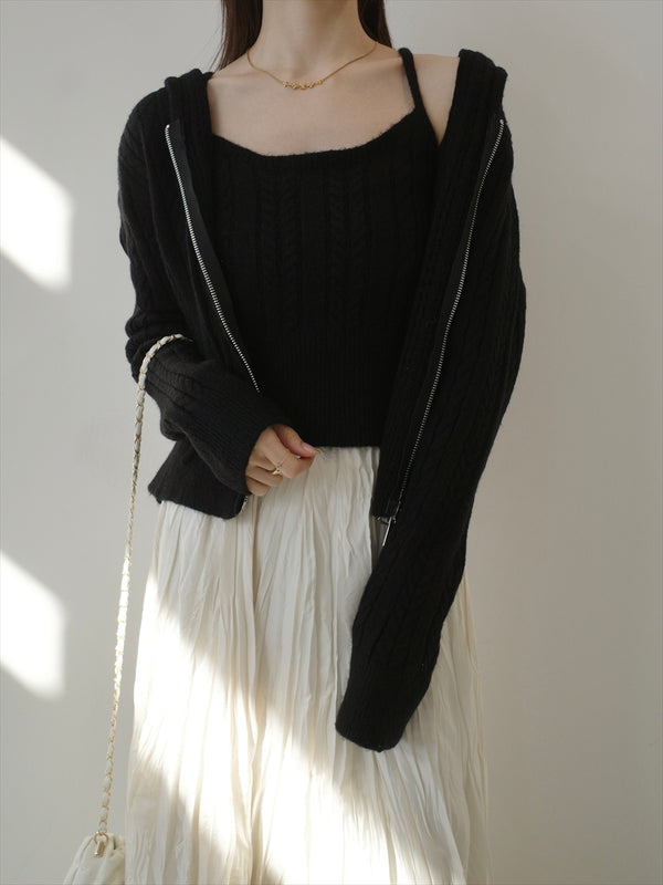 camisole set cable knit hoodie / black
