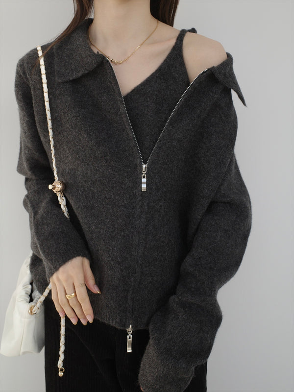 double zip polo knit ensemble / charcoal