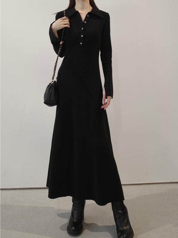 polo neck slit sleeve dress / black