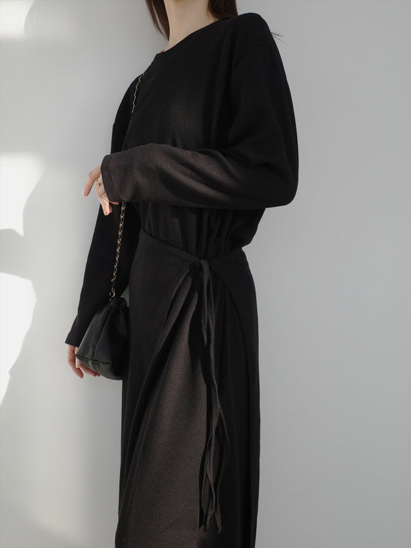 wrap design rib dress / black