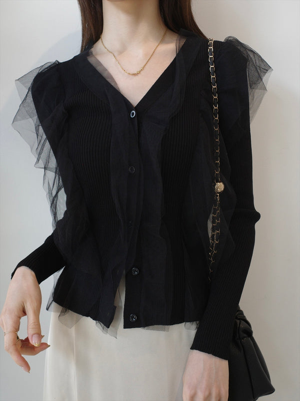 tulle frill rib knit cardigan / black
