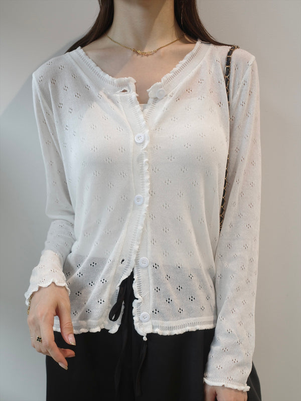 frill detail sheer cardigan / white