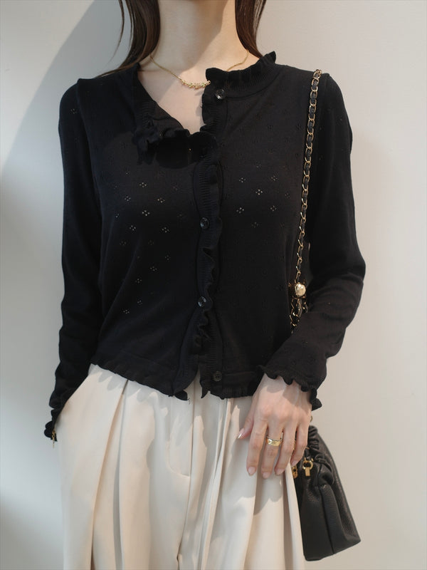 frill detail sheer cardigan / black