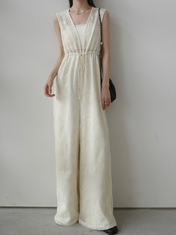 sheer embroidered lace jumpsuit / ivory