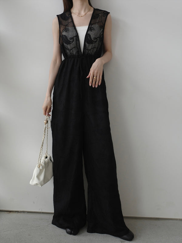 sheer embroidered lace jumpsuit / black