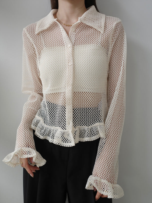 frill hem mesh polo top / ivory