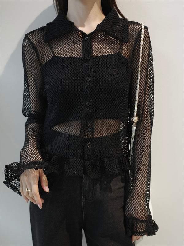 frill hem mesh polo top / black