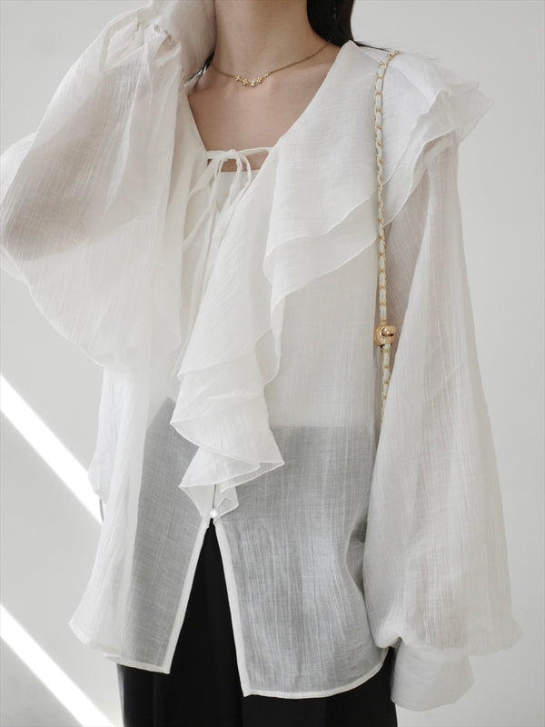 frill collar sheer blouse / white
