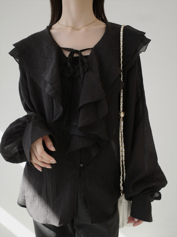 frill collar sheer blouse / black