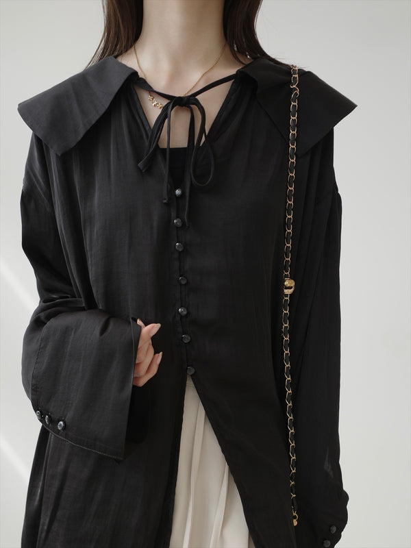 big collar ribbon tie blouse / black