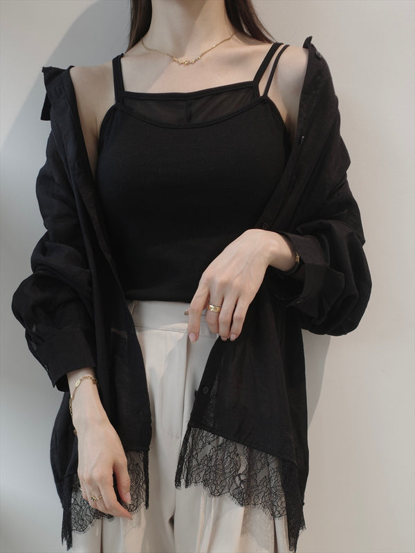 lace detail sheer shirt / black