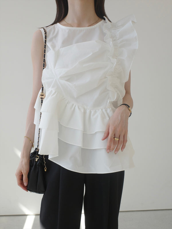 asymmetry ruffle frill blouse / white