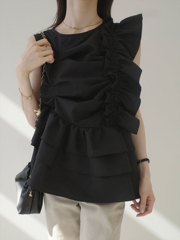 asymmetry ruffle frill blouse / black