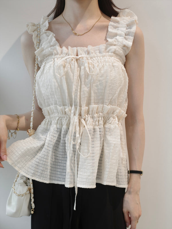 frill gather double ribbon top / beige