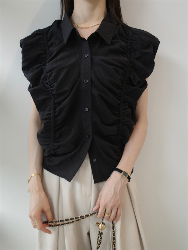 gather line puff shoulder blouse / black