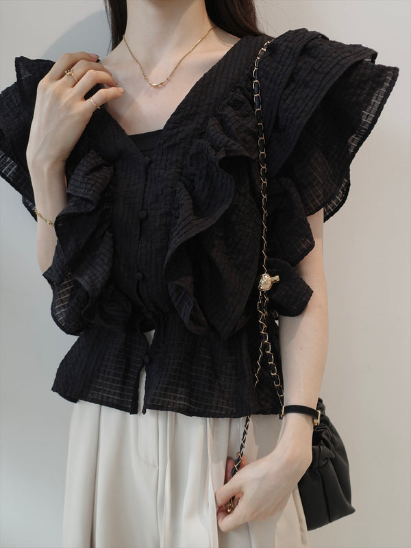 ruffle frill sheer blouse / black