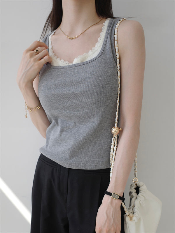 lace layered bra tank top / grey