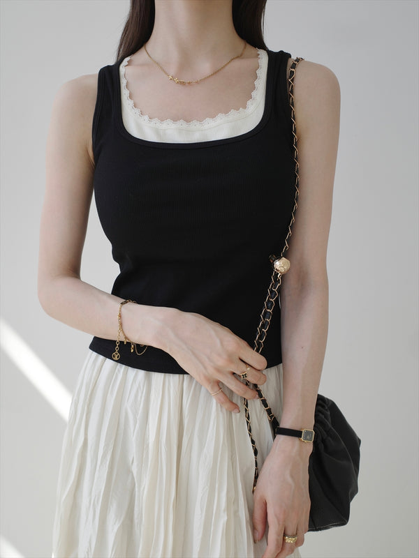 lace layered bra tank top / black
