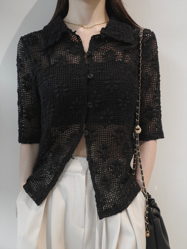flower lace polo top / black
