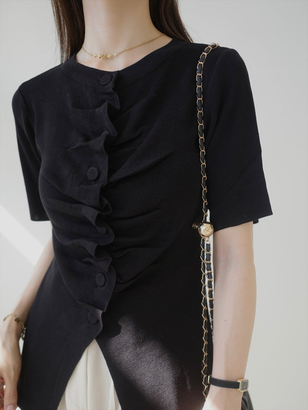 button gather half sleeve top / black