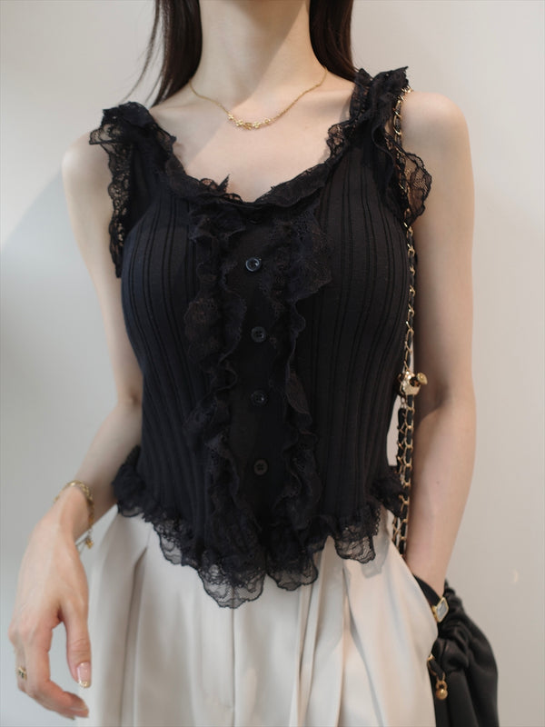 dramatic lace frill top / black